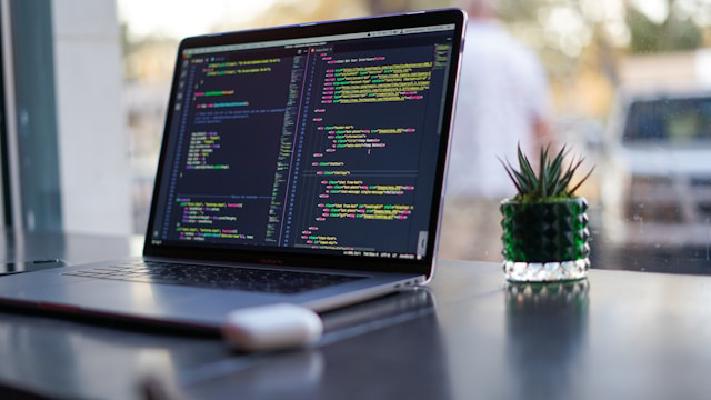 A laptop computer displaying a code editor with syntax-highlighted programming code on a dark background, showing colorful text in green, yellow, and purple. The laptop sits on a clean desk surface next to a small potted succulent plant in a decorative white pot, creating a modern, minimalist workspace aesthetic.