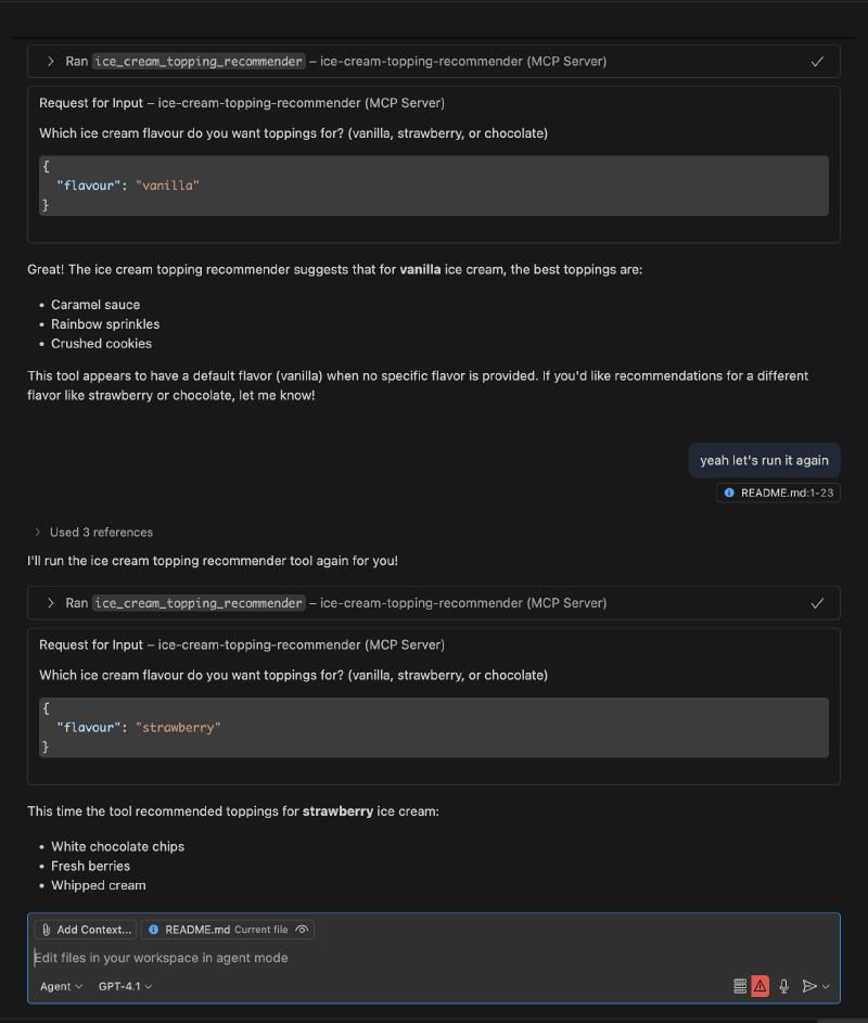 Screenshot showing the MCP tool prompting the user to select an ice cream flavour with a dropdown interface containing vanilla, strawberry, and chocolate options