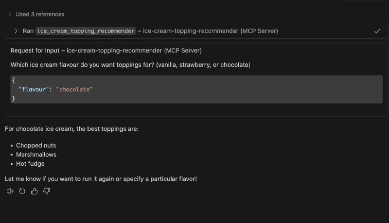 Screenshot showing the MCP tool's response with ice cream topping recommendations for the selected flavour, displaying the final output with emoji and formatted text